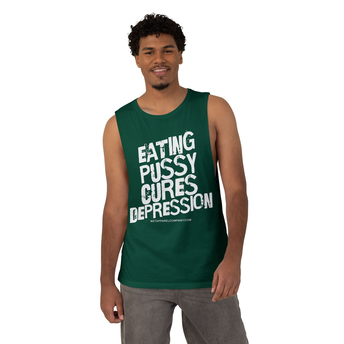 Provocative Graphic Tank — "Eating Pussy Cures Depression" Double Sided Text
