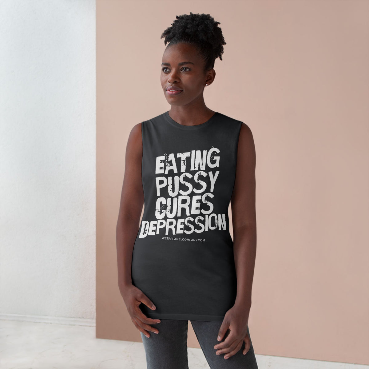 Provocative Graphic Tank — "Eating Pussy Cures Depression" Double Sided Text