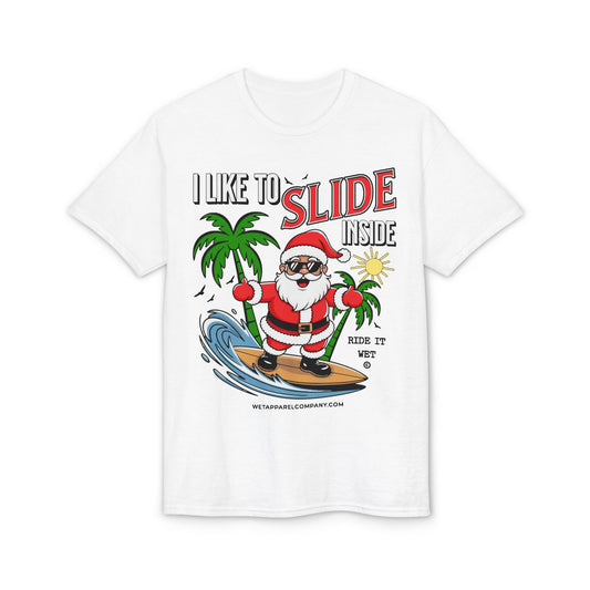 Surfing Santa T-Shirt — "I Like to Slide Inside" Tropical Holiday Tee