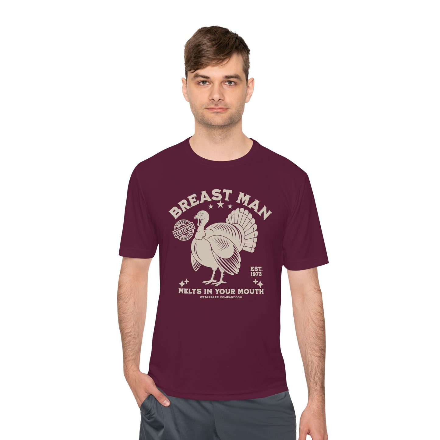 Funny Turkey Men's Moisture Wicking Tee - 'Breast Man' Quote for Bars & Thanksgiving