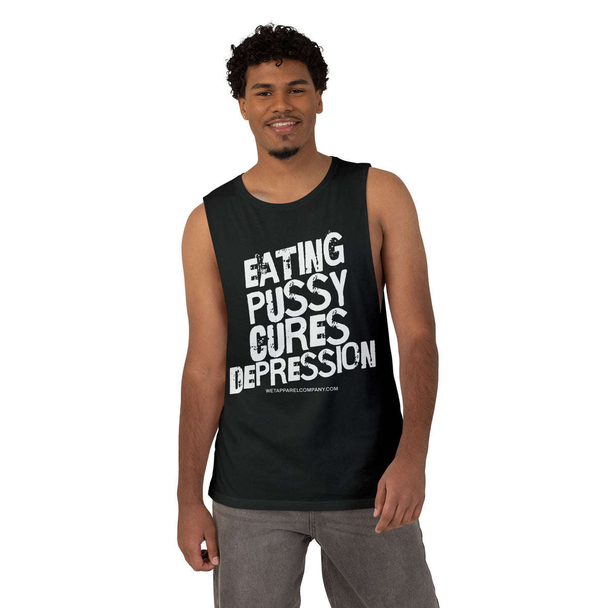 Provocative Graphic Tank — "Eating Pussy Cures Depression" Double Sided Text