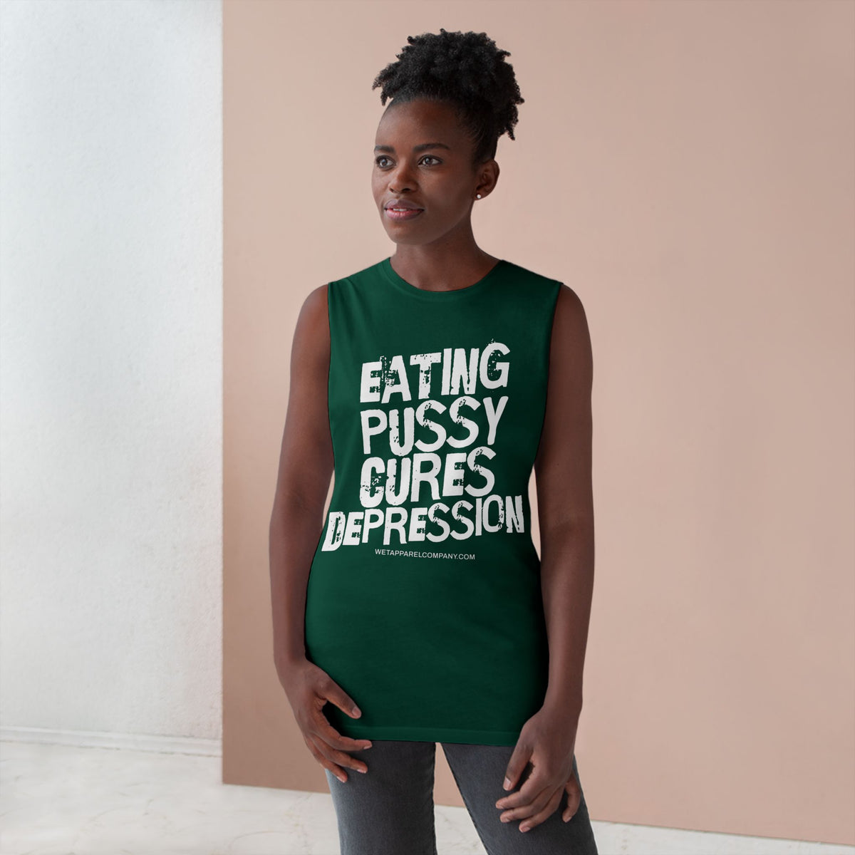 Provocative Graphic Tank — "Eating Pussy Cures Depression" Double Sided Text