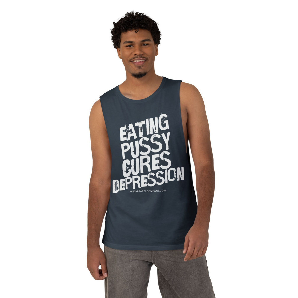 Provocative Graphic Tank — "Eating Pussy Cures Depression" Double Sided Text