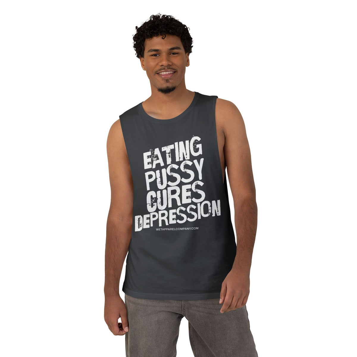 Provocative Graphic Tank — "Eating Pussy Cures Depression" Double Sided Text