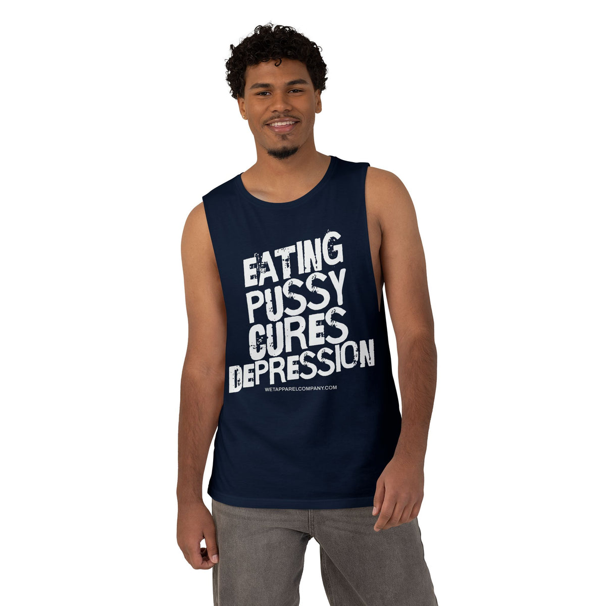 Provocative Graphic Tank — "Eating Pussy Cures Depression" Double Sided Text