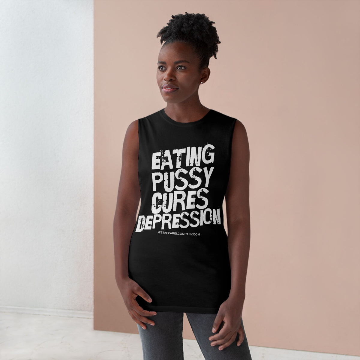 Provocative Graphic Tank — "Eating Pussy Cures Depression" Double Sided Text