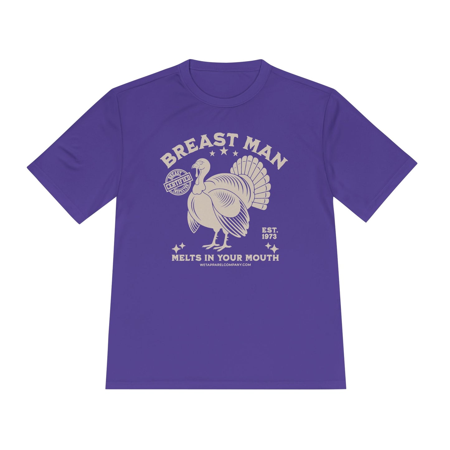 Funny Turkey Men's Moisture Wicking Tee - 'Breast Man' Quote for Bars & Thanksgiving
