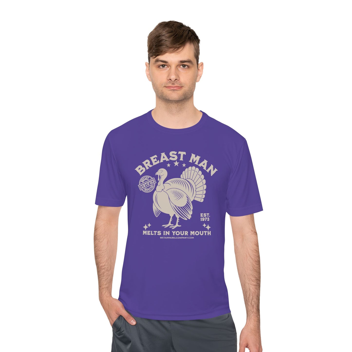 Funny Turkey Men's Moisture Wicking Tee - 'Breast Man' Quote for Bars & Thanksgiving