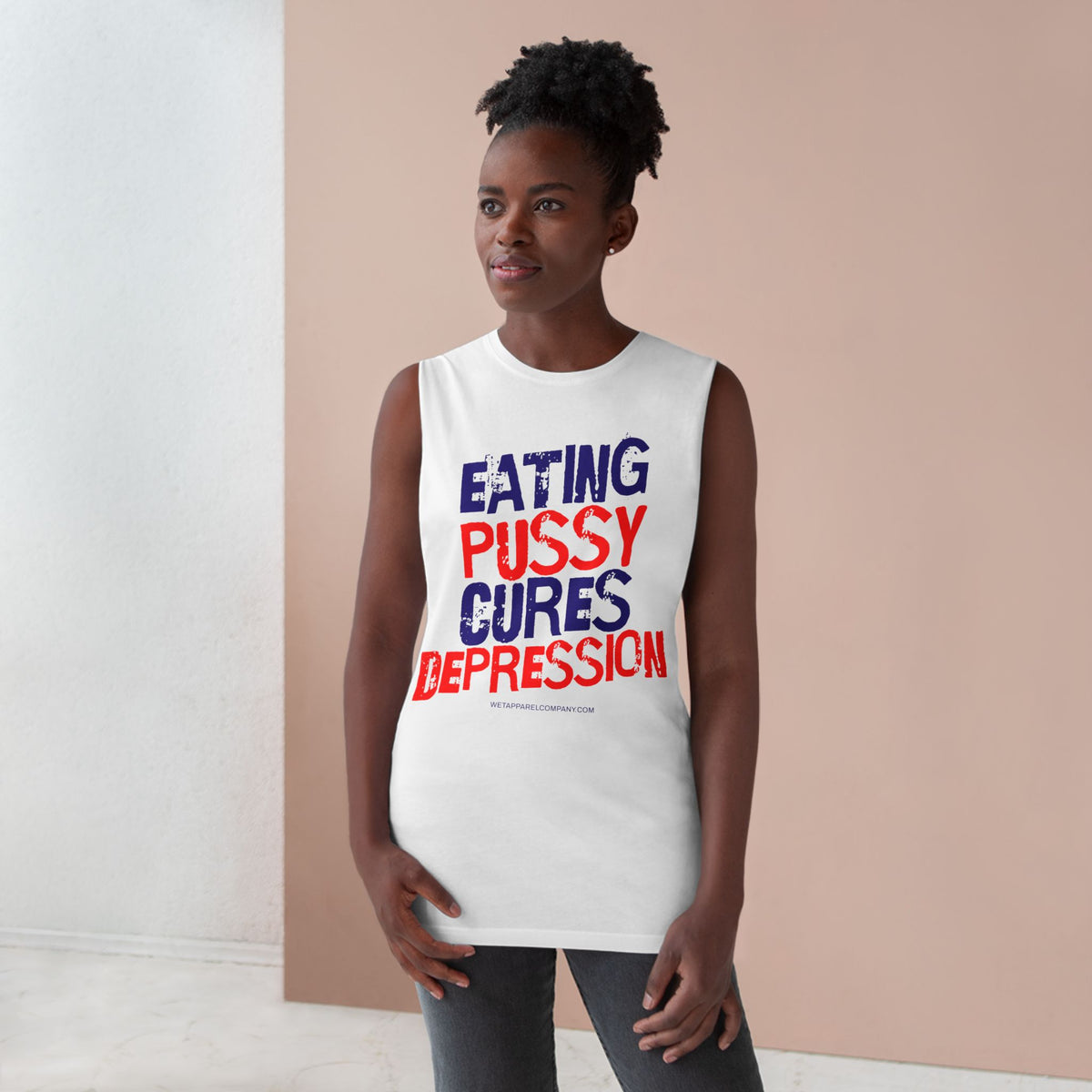 Provocative Graphic Tank — "Eating Pussy Cures Depression" Double Sided Text
