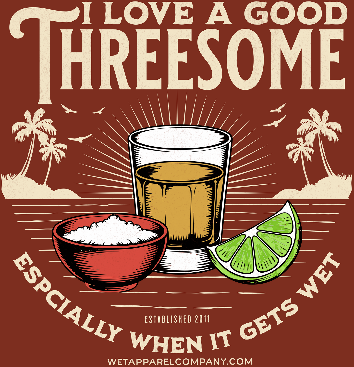 Funny Shot Glass Tee - "I Love a Good Threesome (Especially When It Gets Wet)" Cocktail T-Shirt