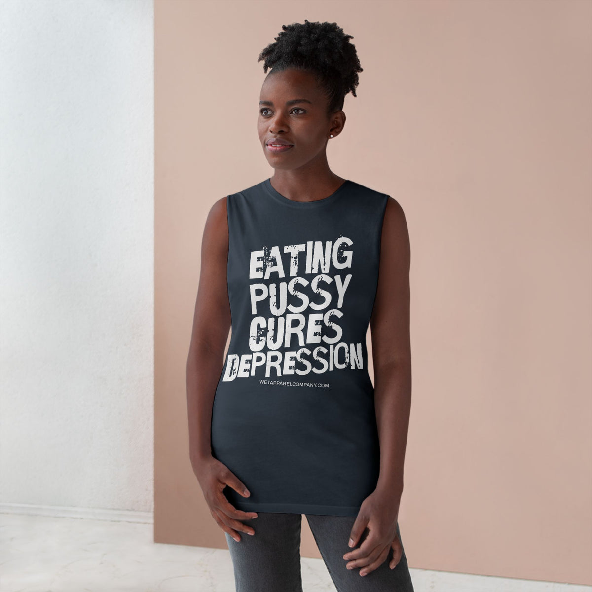 Provocative Graphic Tank — "Eating Pussy Cures Depression" Double Sided Text
