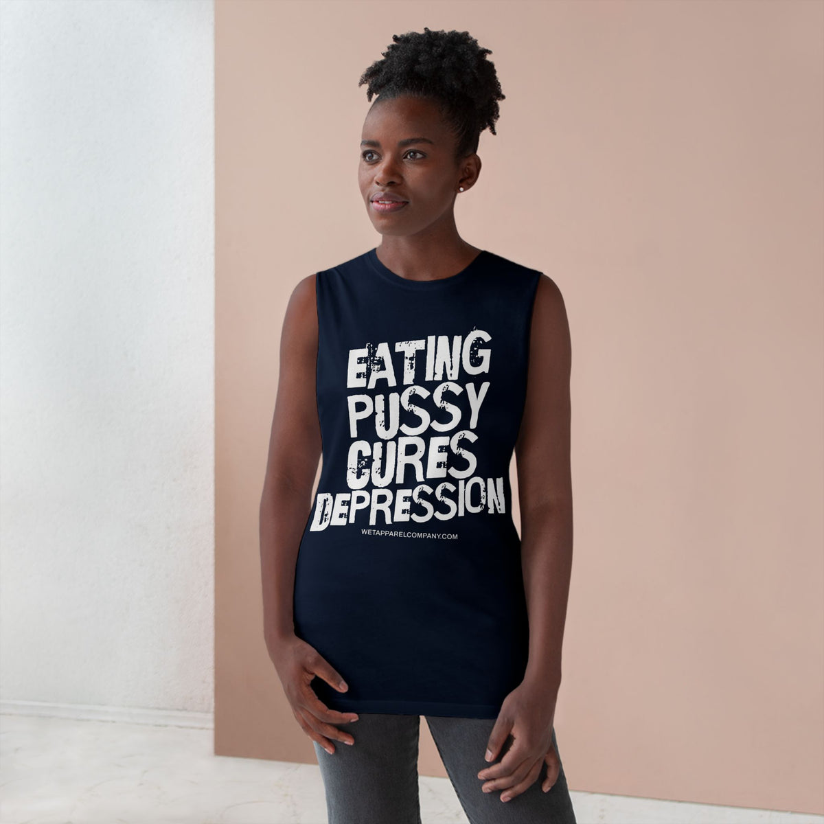 Provocative Graphic Tank — "Eating Pussy Cures Depression" Double Sided Text