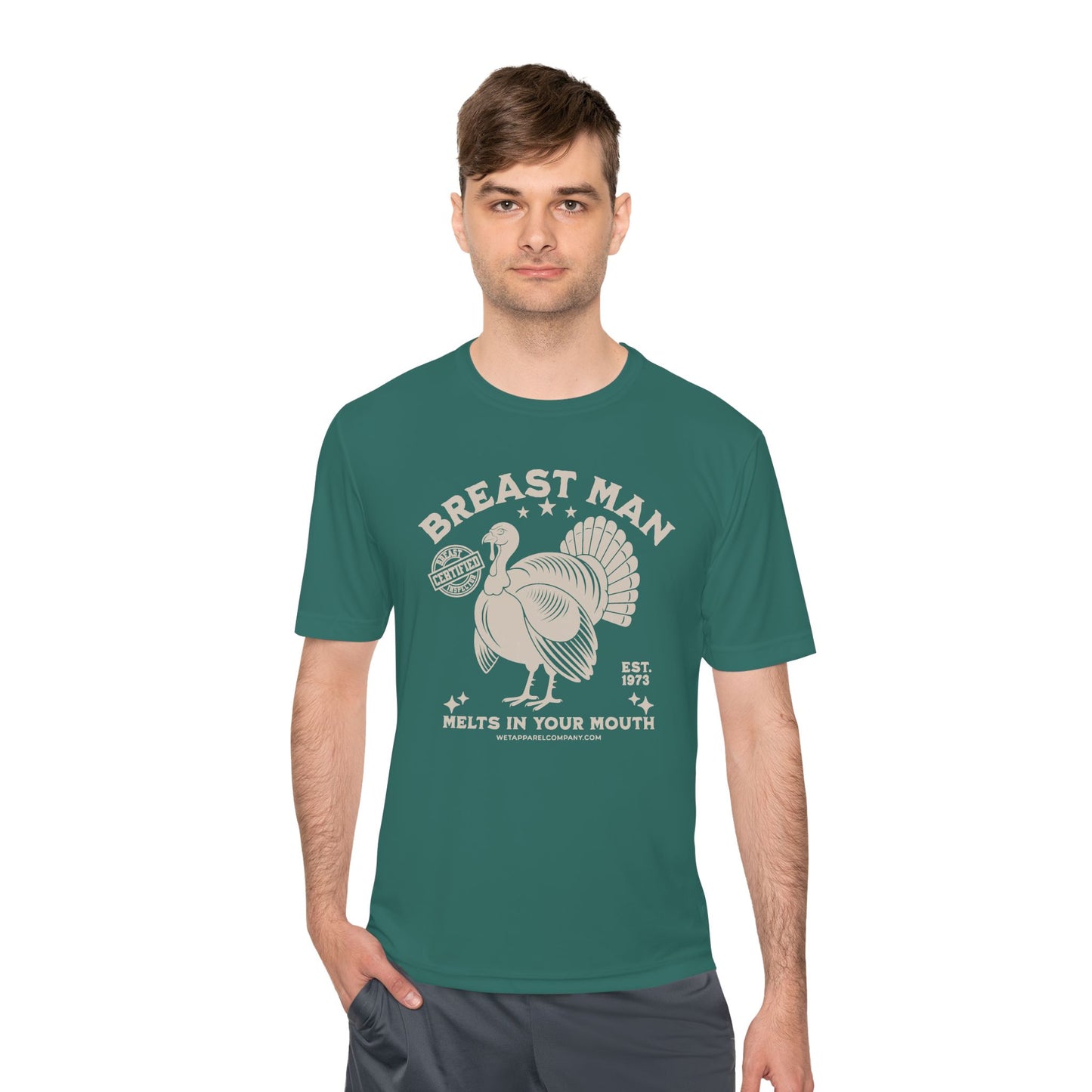 Funny Turkey Men's Moisture Wicking Tee - 'Breast Man' Quote for Bars & Thanksgiving
