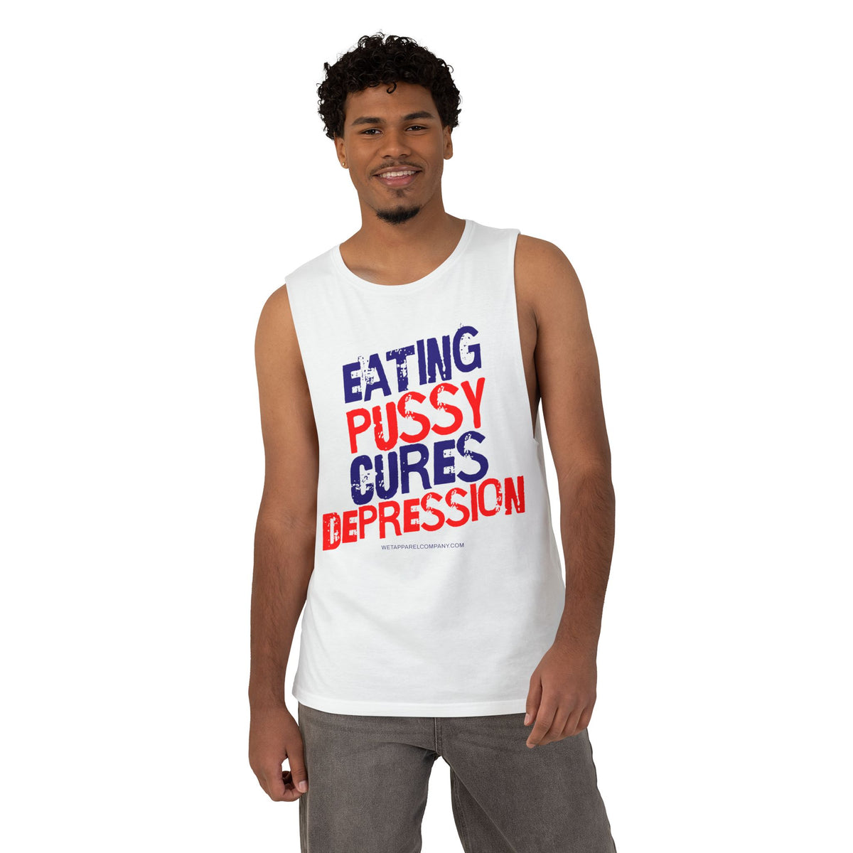 Provocative Graphic Tank — "Eating Pussy Cures Depression" Double Sided Text