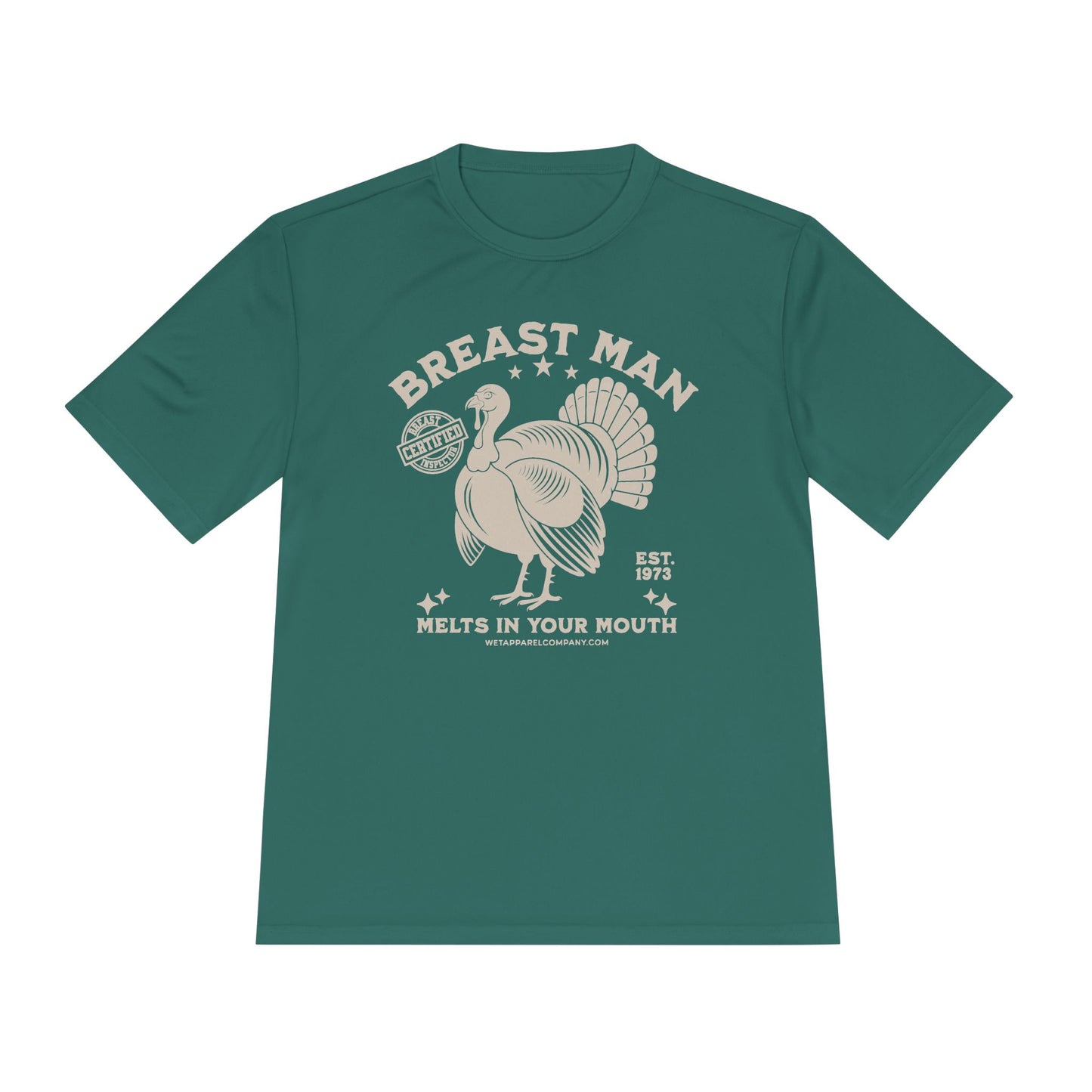 Funny Turkey Men's Moisture Wicking Tee - 'Breast Man' Quote for Bars & Thanksgiving